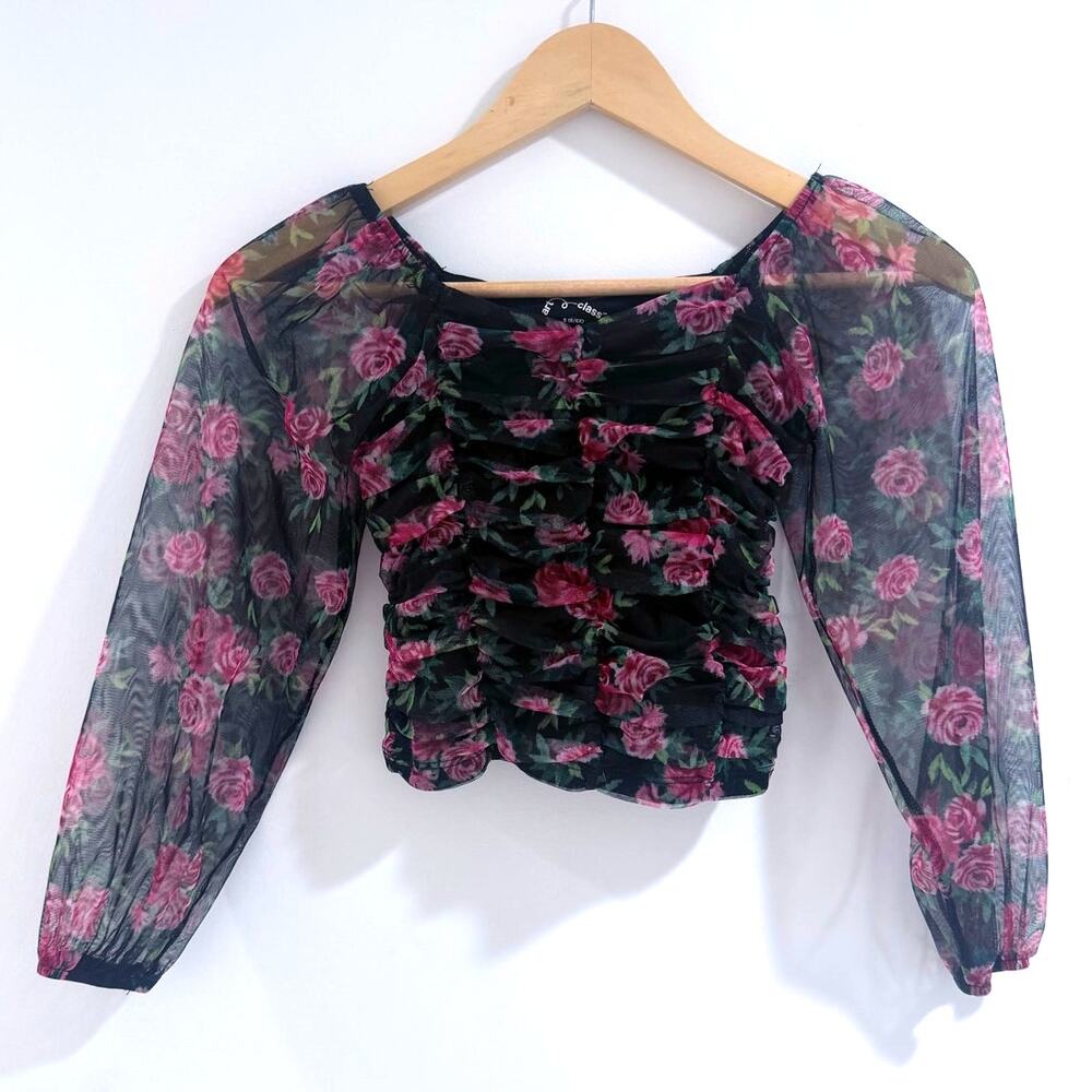 ART CLASS black pink floral ruched long sleeve girls kids cropped top blouse
